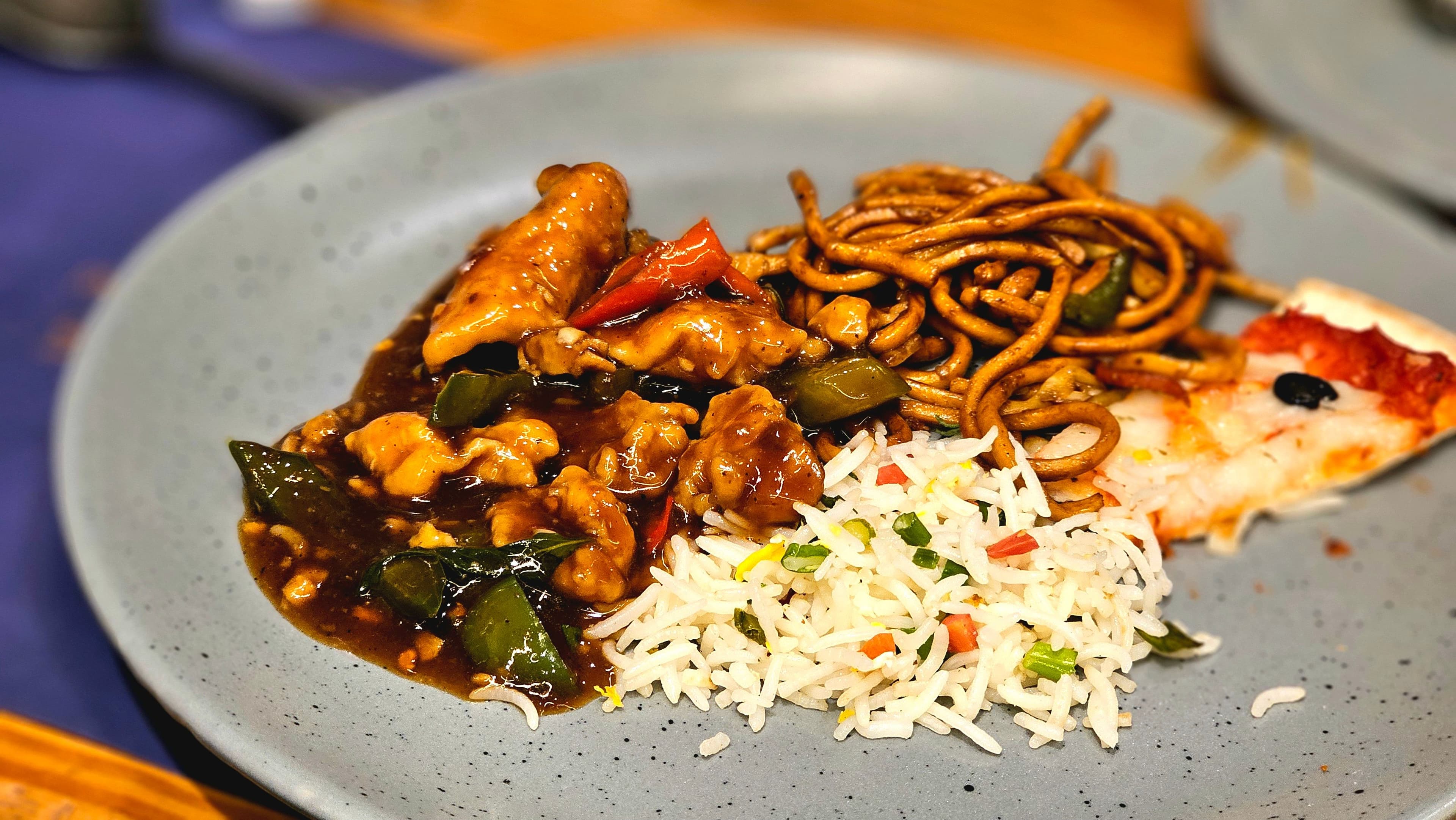 Chinese-style chicken, rice, and vegetables meal