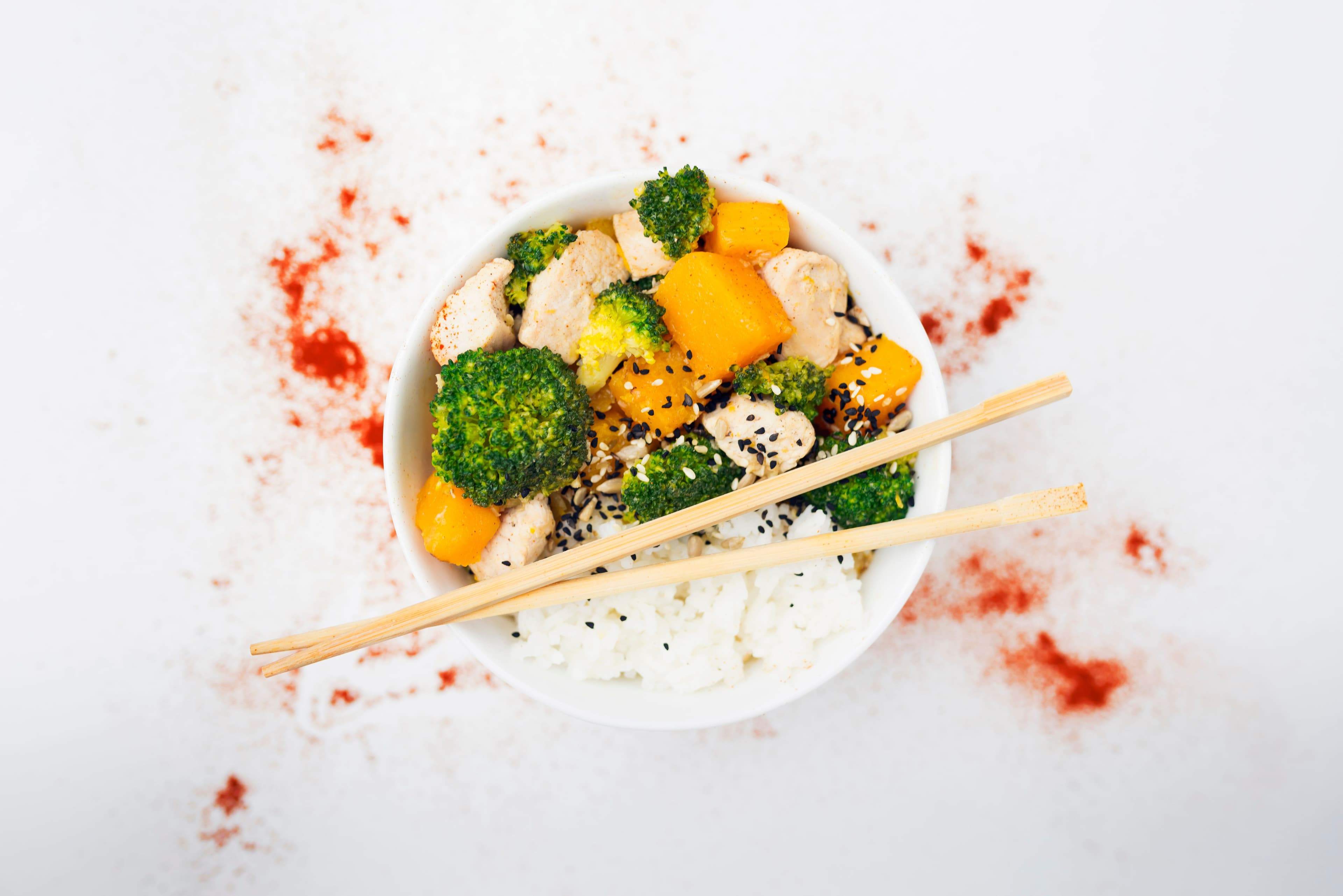 Homemade orange chicken with rice and broccoli
