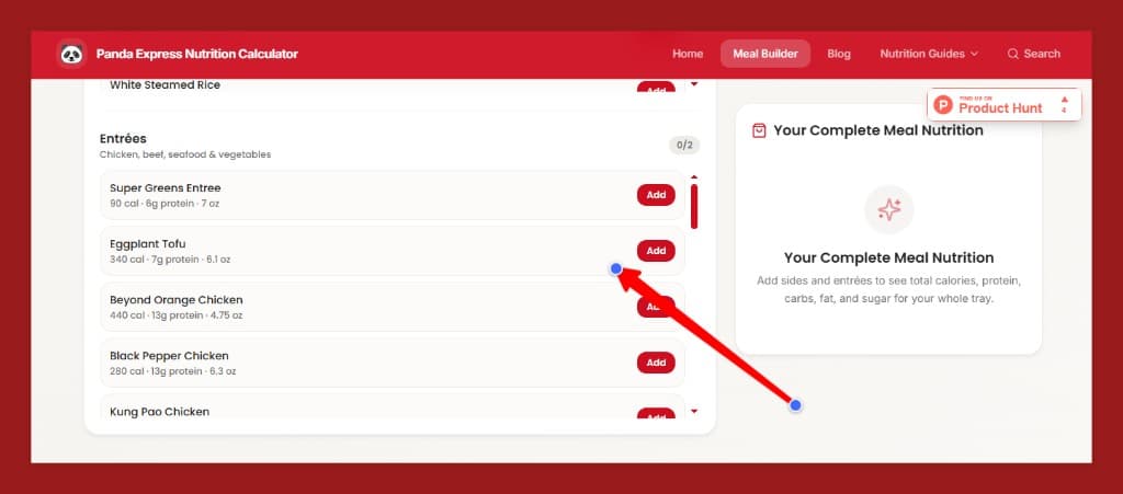 Panda Express Meal Builder Entrées list with Add buttons for Super Greens Entree, Eggplant Tofu, Beyond Orange Chicken, and Black Pepper Chicken