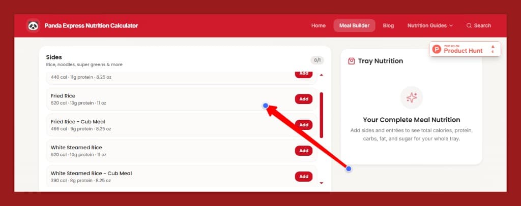 Panda Express Meal Builder Sides list showing Fried Rice, White Steamed Rice, and Add buttons with a 0 of 1 side counter