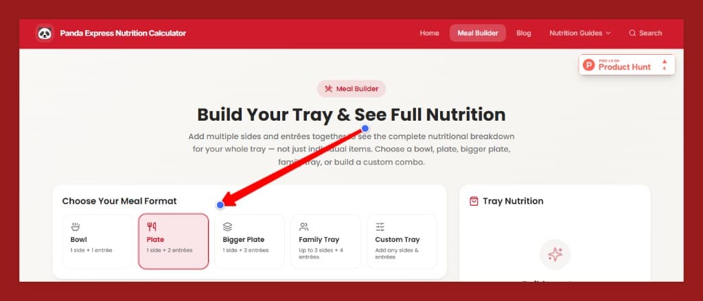 Panda Express Meal Builder showing Bowl, Plate, Bigger Plate, Family Tray, and Custom Tray format options with Plate selected
