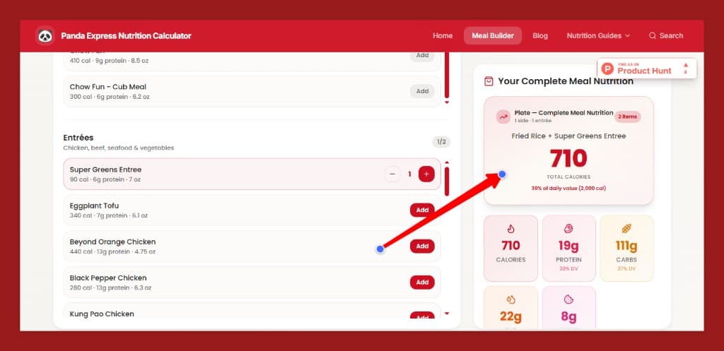 Panda Express Meal Builder nutrition sidebar showing Fried Rice plus Super Greens Entree totaling 710 calories with protein, carbs, fat, and sugar