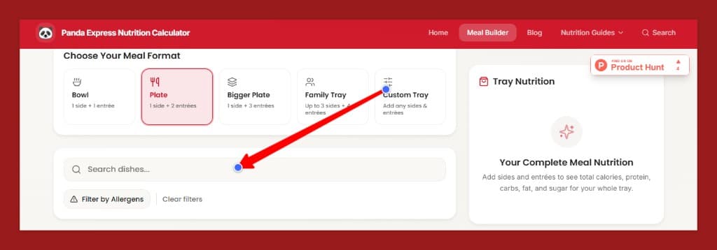 Panda Express Meal Builder search bar and allergen filter below the meal format picker, with the nutrition sidebar on the right