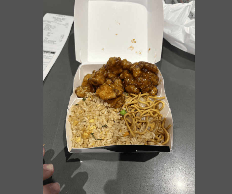 Complete Panda Express Cub Meal with an entree, side, fruit, and drink