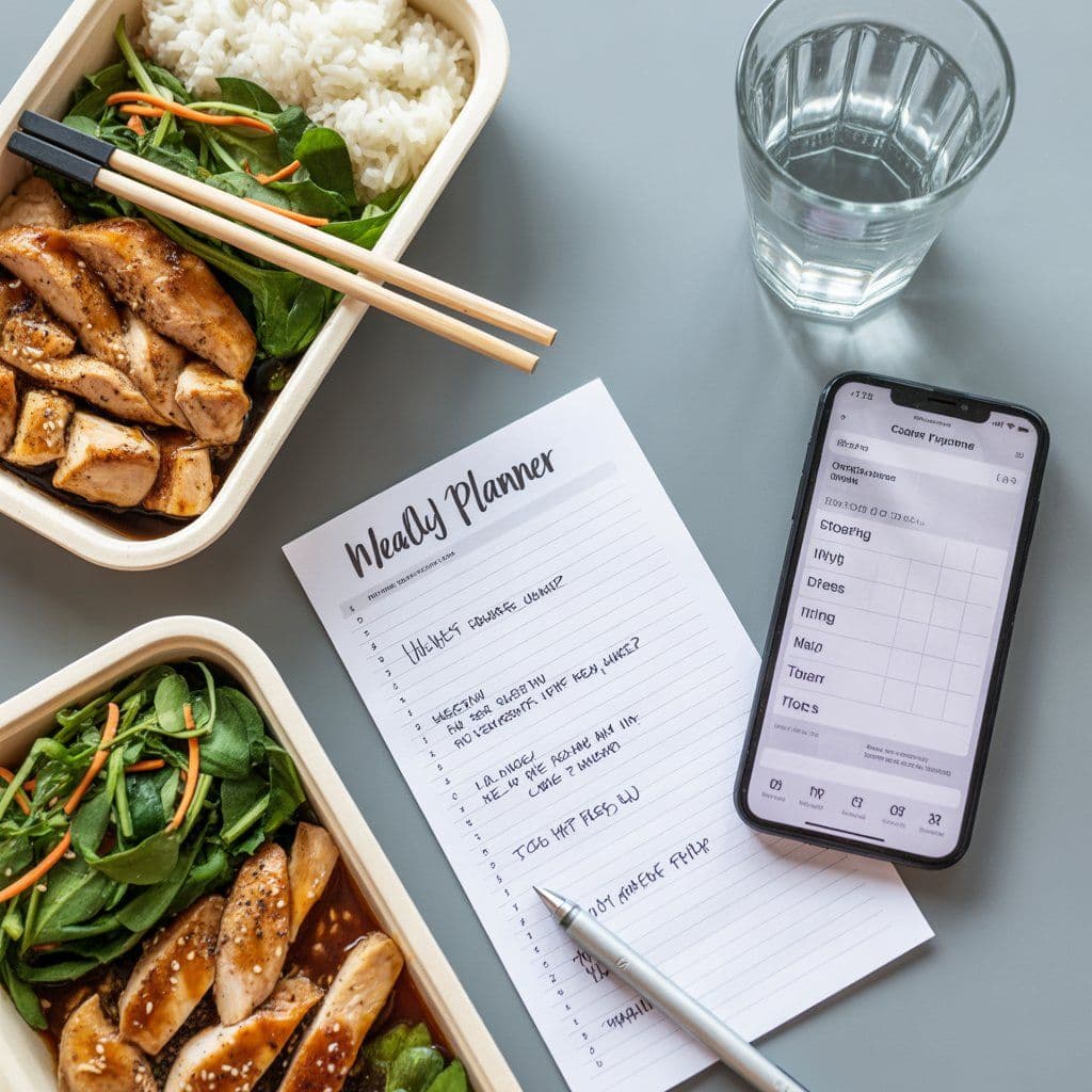 Panda Express meal prep container with grilled chicken and super greens beside a weekly meal planner notepad and calorie tracking app on smartphone