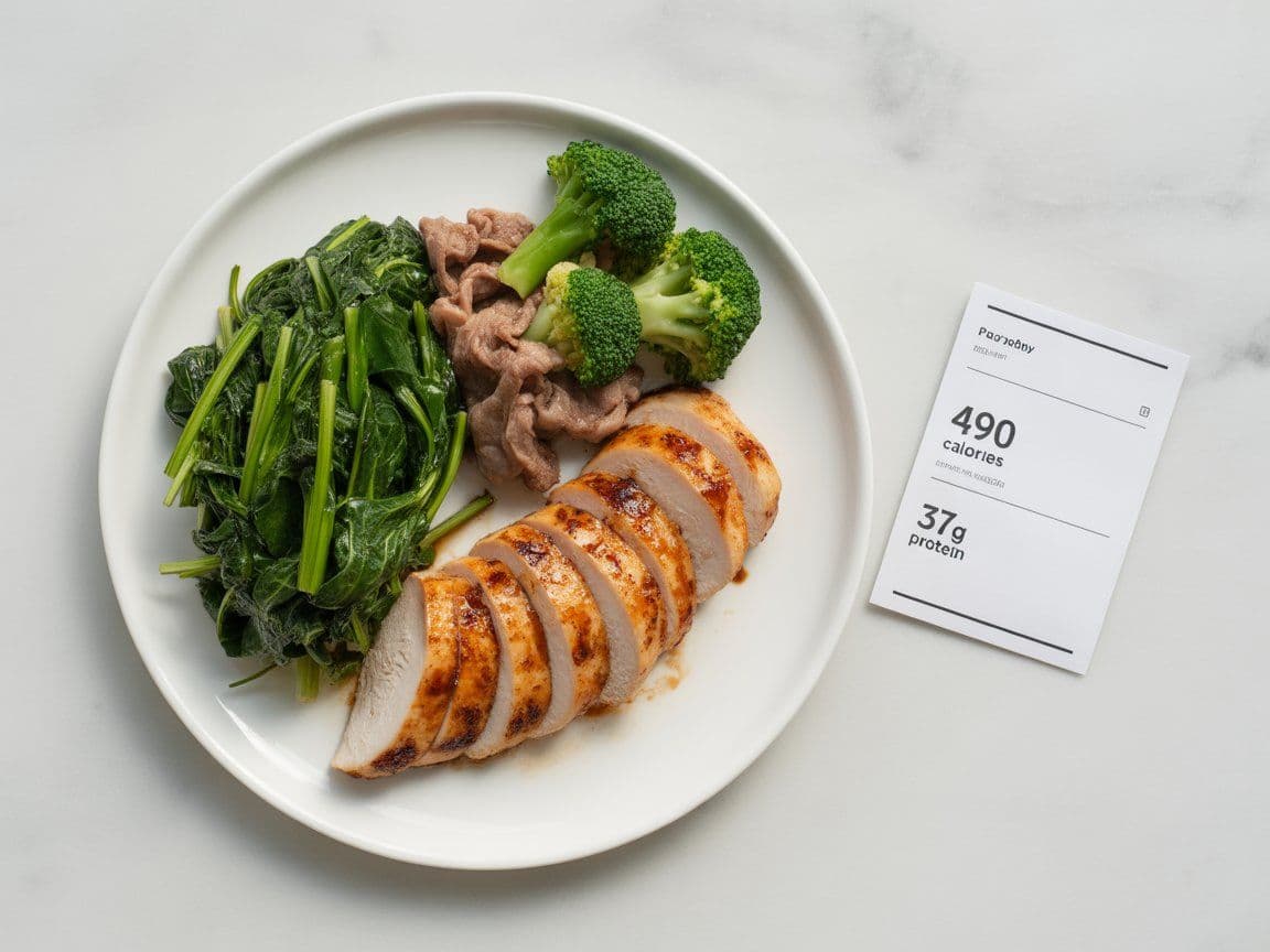 Healthiest Panda Express meal with steamed super greens, grilled teriyaki chicken, and broccoli beef on a white plate on marble surface with calorie and protein count displayed