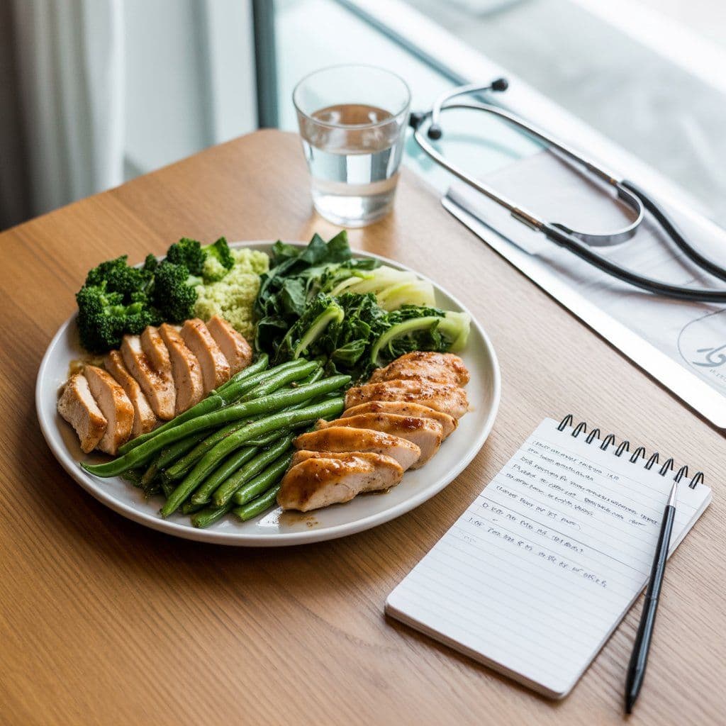 Nutritionist approved Panda Express meal with string bean chicken breast grilled teriyaki and super greens on white plate with macro notes beside it