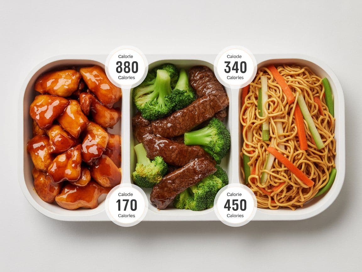 Panda Express Plate meal with two entrees and a side showing orange chicken, broccoli beef, and chow mein in a sectioned takeout tray with calorie numbers displayed above each food item