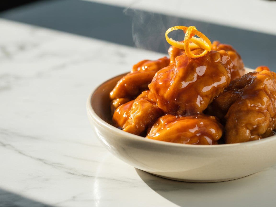 Panda Express Orange Chicken in a white bowl showing crispy battered chicken coated in orange glaze sauce with a calorie nutrition label displayed beside the bowl