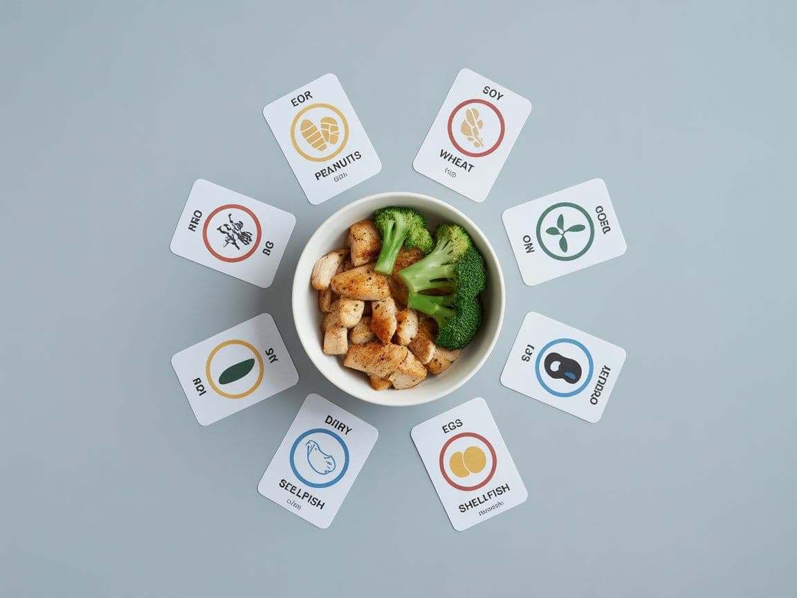 Panda Express allergen guide showing meal bowl with common food allergen warning labels including peanuts gluten soy and shellfish