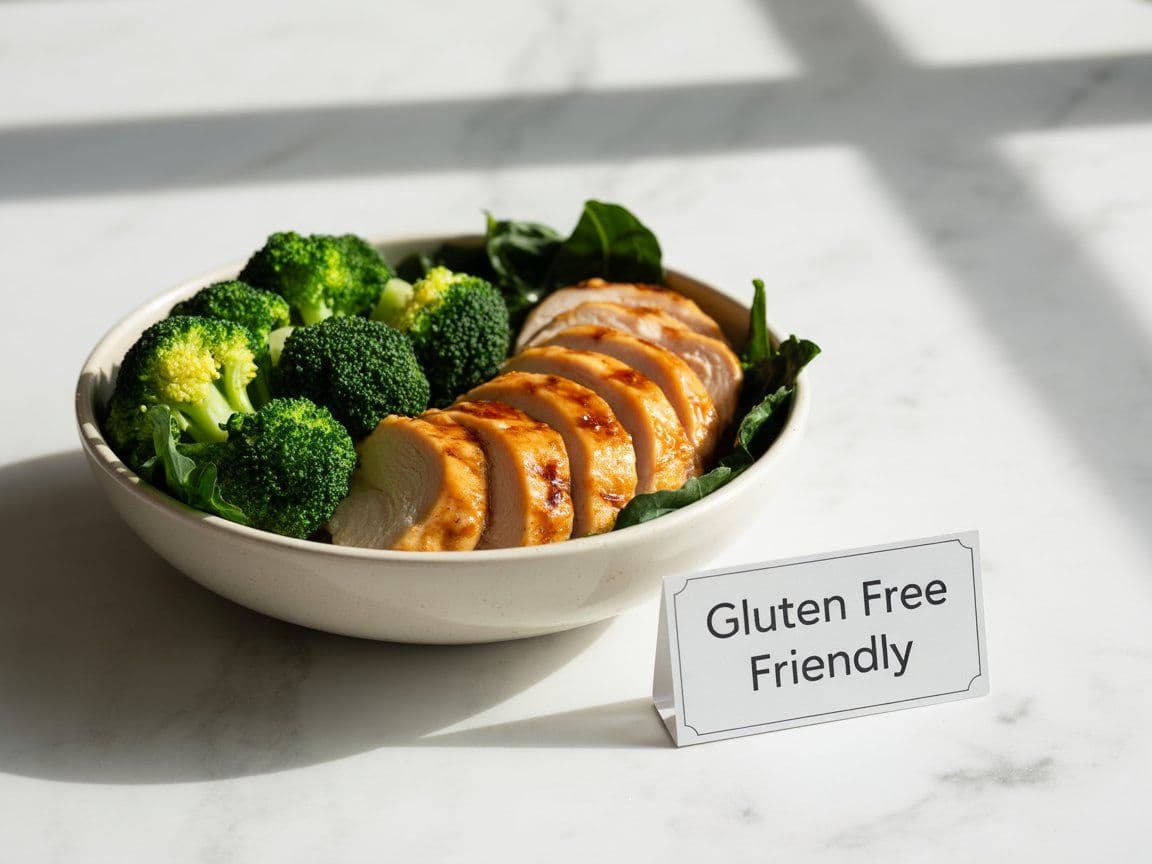Panda Express gluten free meal bowl with grilled teriyaki chicken and steamed super greens vegetables on a clean white surface with a gluten free label card placed beside it