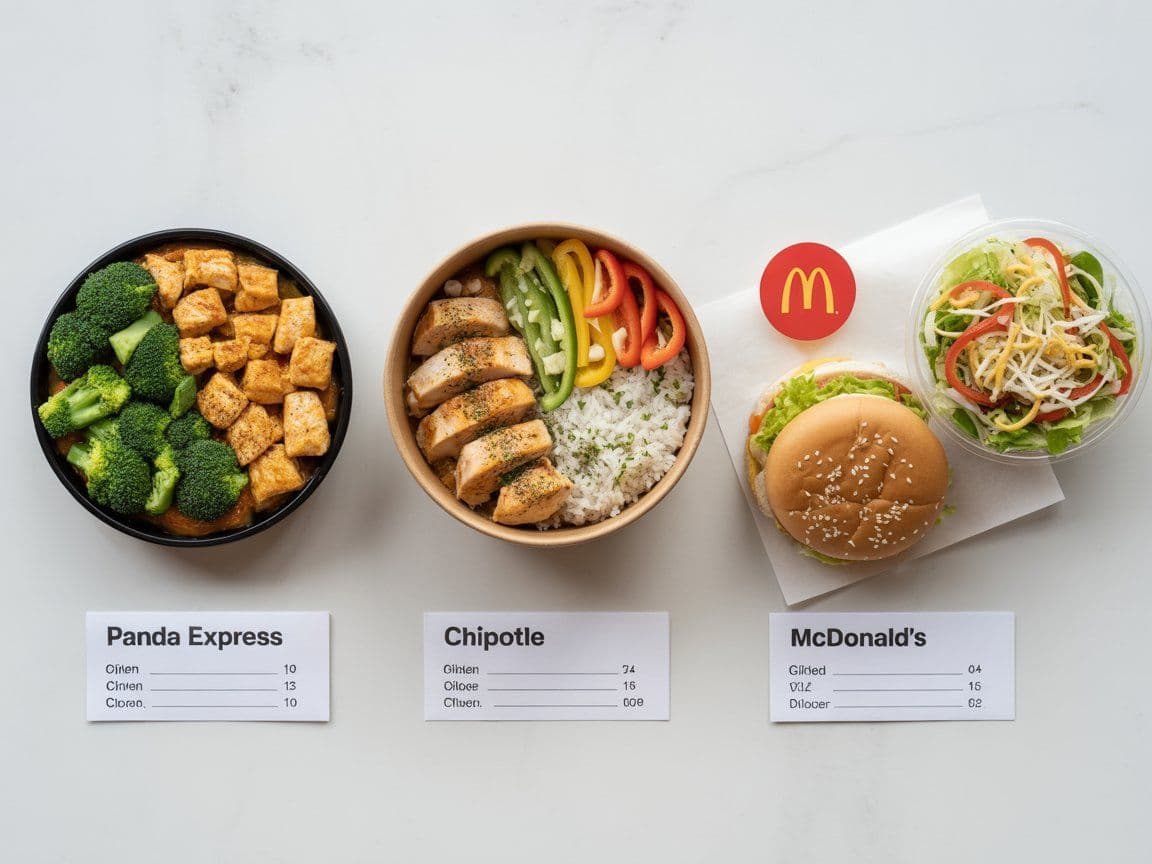 Side by side comparison of a Panda Express plate, Chipotle bowl, and McDonald's meal on a white marble surface with calorie count label cards below each food option