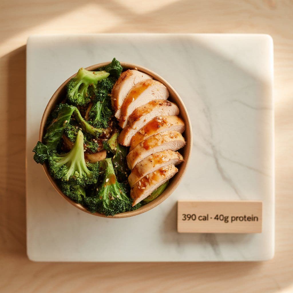 Healthy panda express bowl with super greens and grilled teriyaki chicken on white marble surface