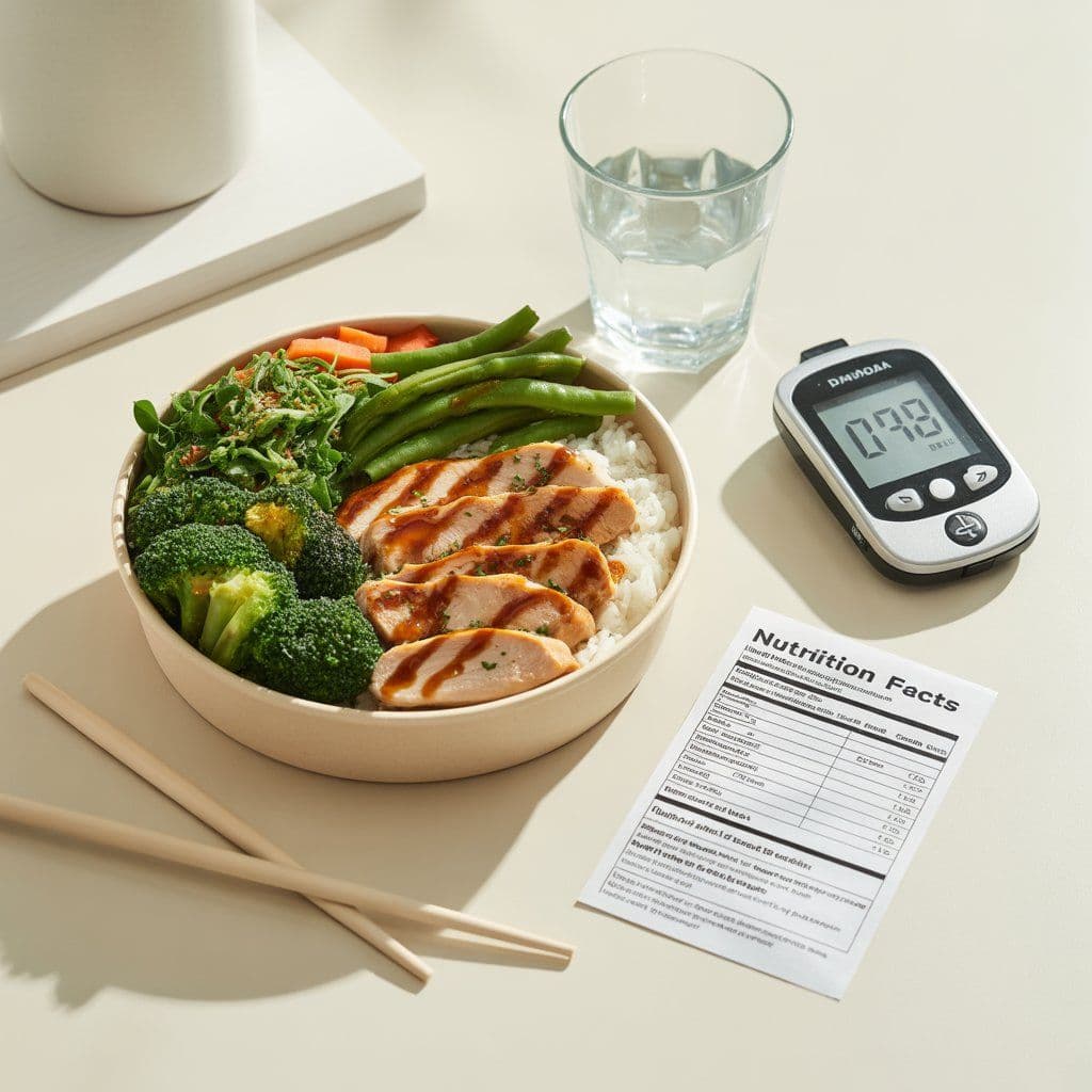 Diabetes friendly Panda Express meal bowl with grilled chicken and low sugar vegetables alongside a blood sugar monitor and nutrition card