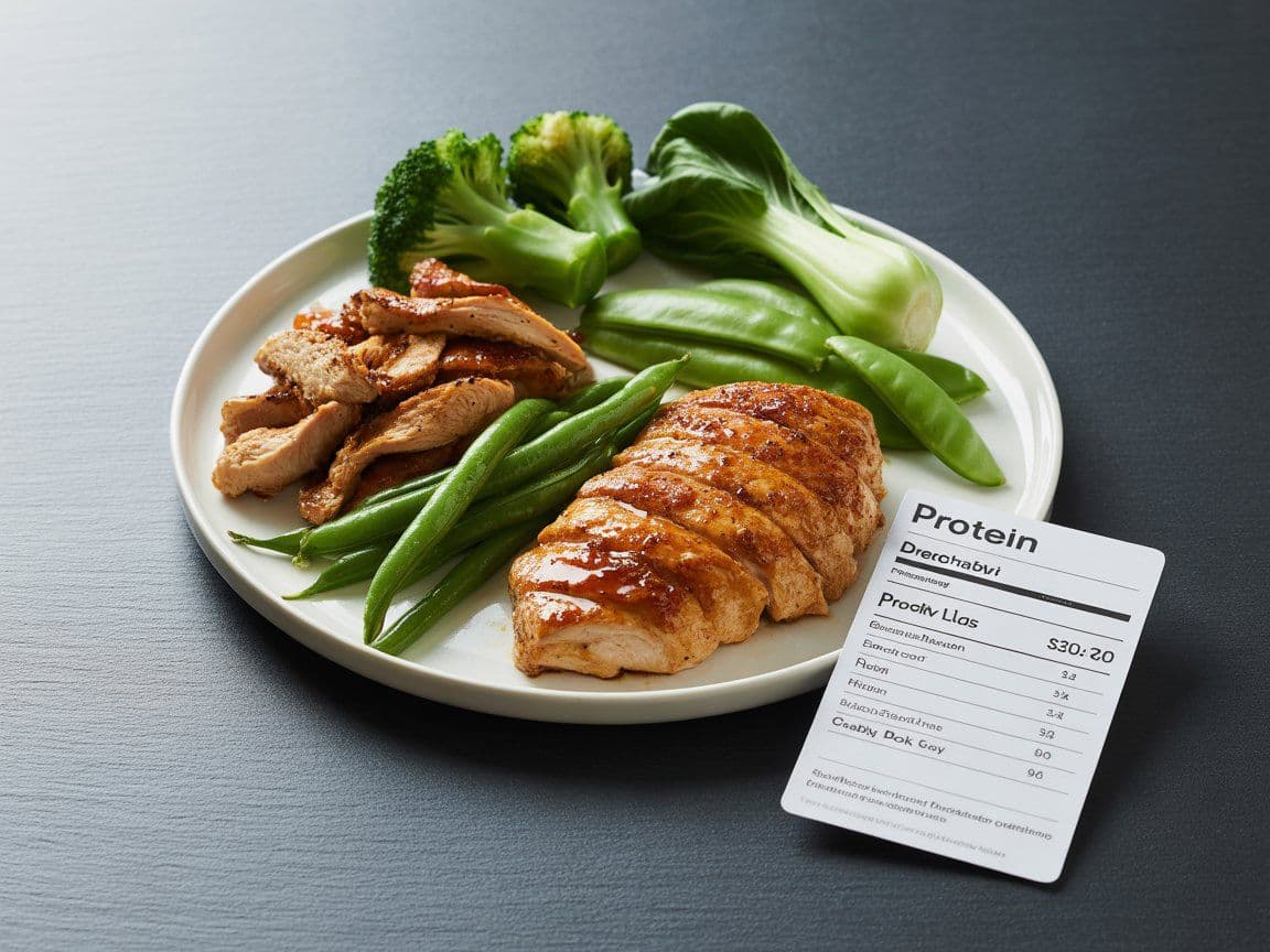 High protein Panda Express meal with grilled teriyaki chicken and string bean chicken breast showing protein content per serving