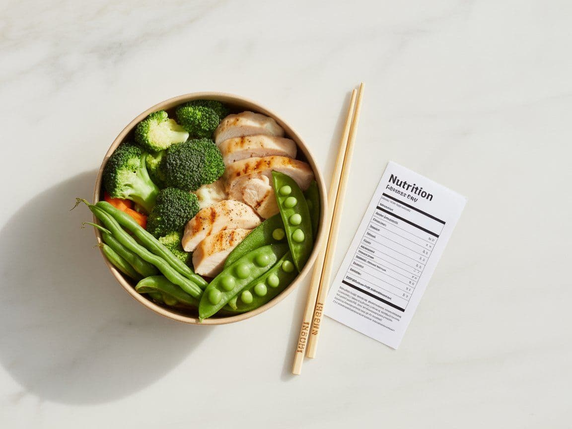 Low calorie Panda Express meal bowl with grilled chicken, broccoli beef and super greens on a white background