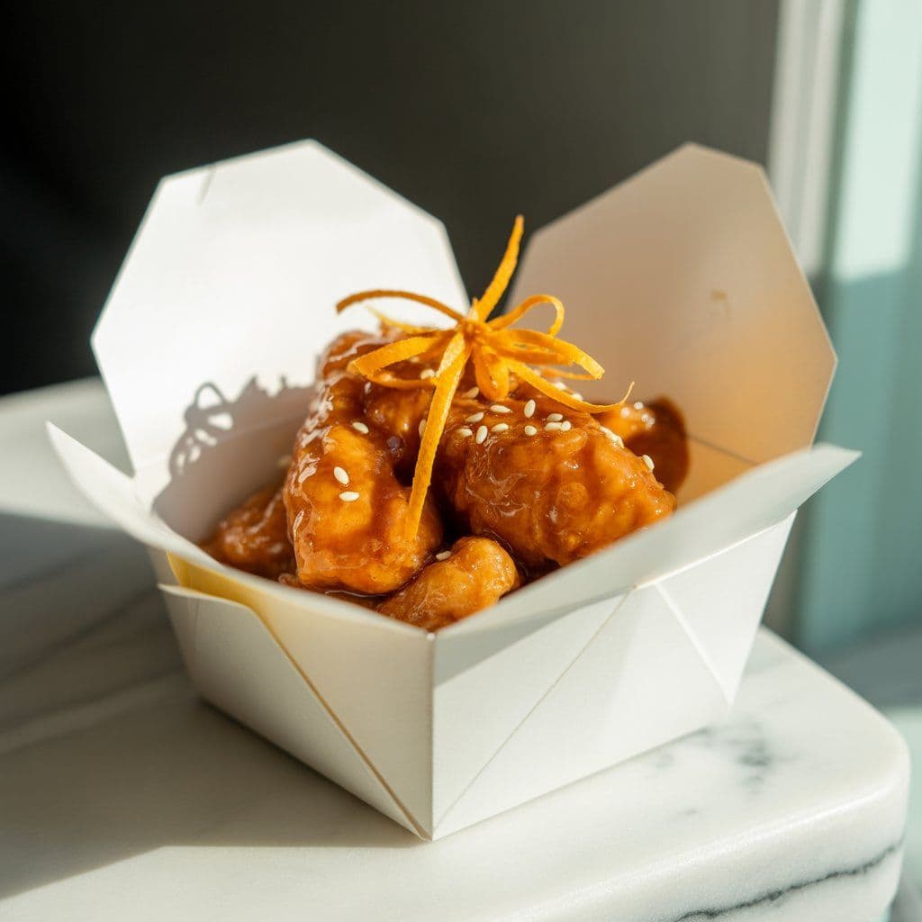 Panda Express Orange Chicken serving with crispy battered chicken pieces glazed in sweet tangy orange sauce showing 490 calories per serving nutrition facts for 2026.