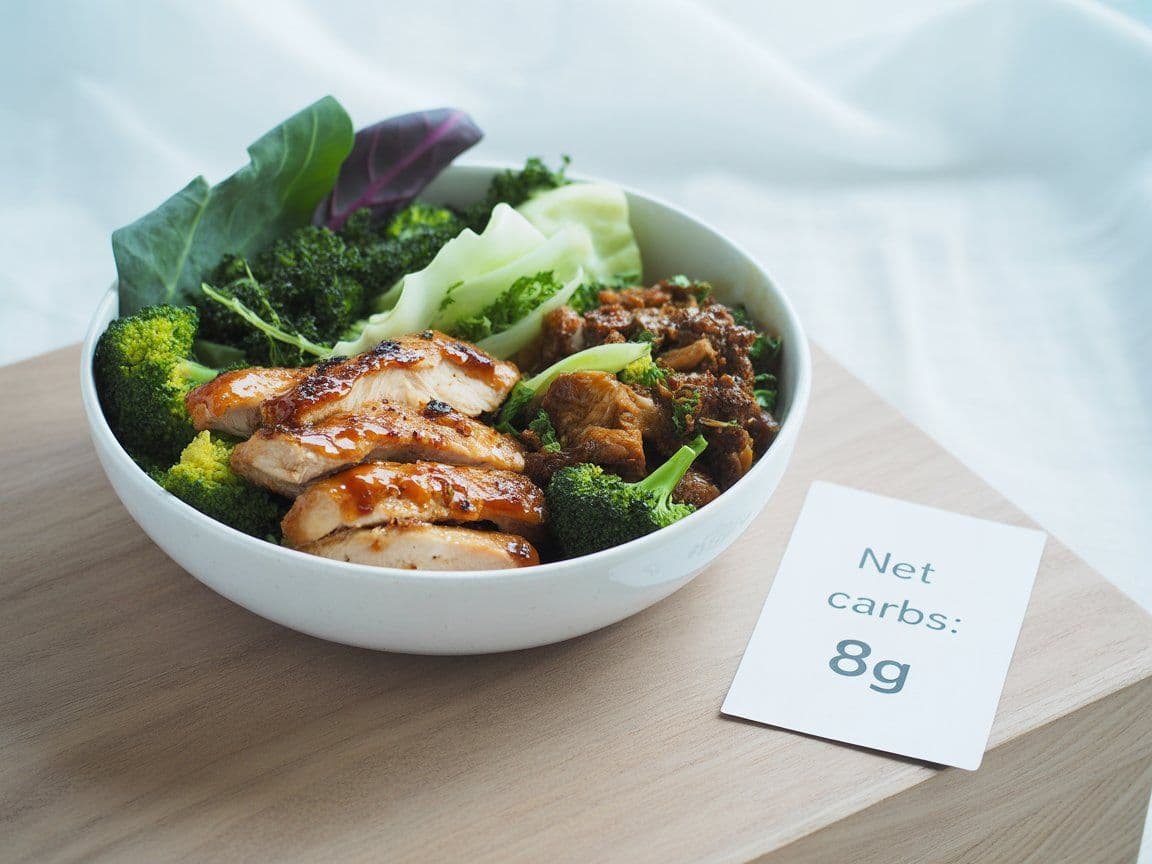 Keto friendly Panda Express meal bowl with grilled teriyaki chicken and super greens vegetables with low carb nutrition label